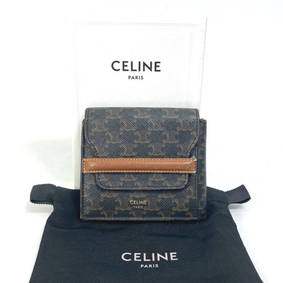 CELINE Card Case triomphe wallet with flap Folded wallet Leather Brown - Picture 1 of 14